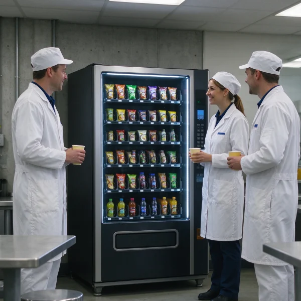workers at a vending machine in a factory break room