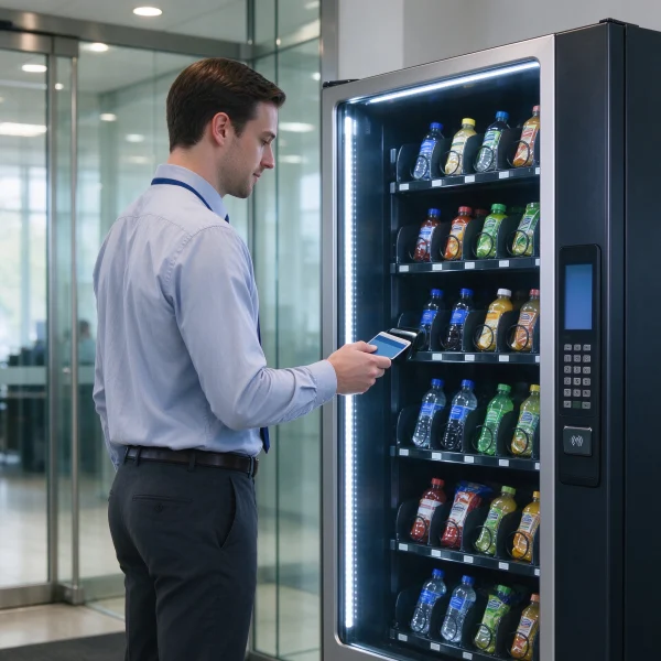 employee entrance vending machine, worker paying by card