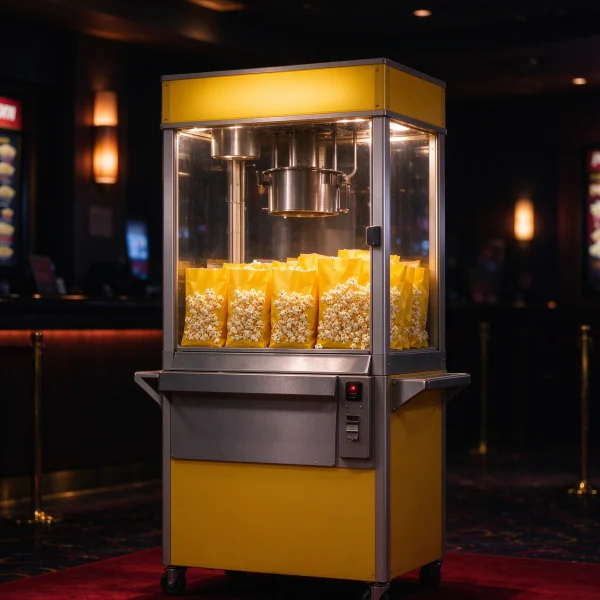 popcorn vending machine with yellow bags in cinema lobby