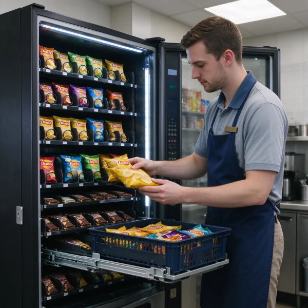 staff restocking chips and chocolate inside open machine