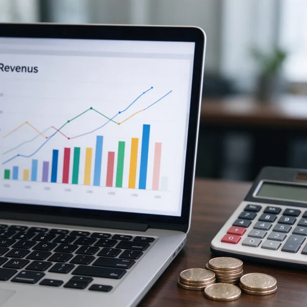 laptop screen with revenue report, calculator and coins