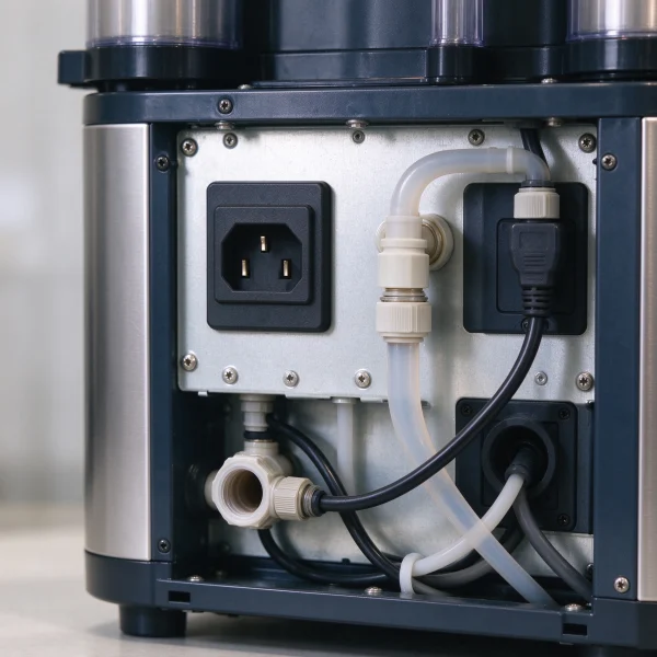 close-up of the label panel on a boba machine showing power and water connections