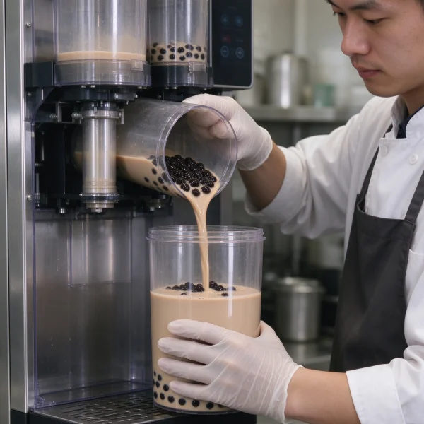 an operator refilling clear canisters with milk tea and boba pearls