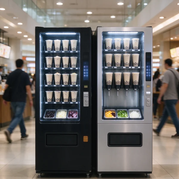 a boba vending machine in a bright mall food court with people walking by