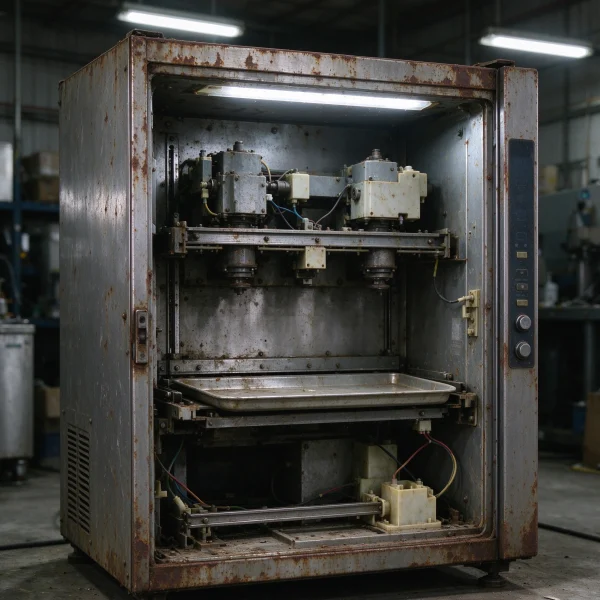 a rusty second-hand vending machine with an open door showing worn internal parts