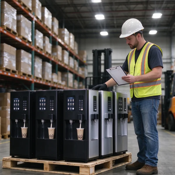a warehouse worker checking a pallet of vending machines before shipment