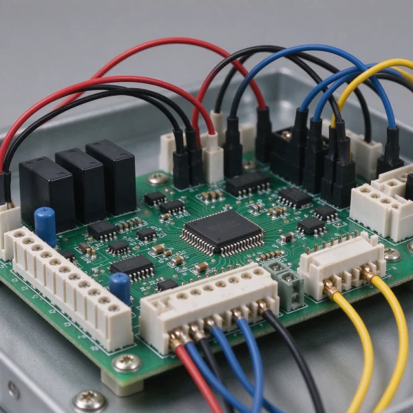 Close-up view of a vending machine controller board with connected wires