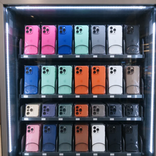 Colorful phone cases displayed on shelves inside a custom vending machine