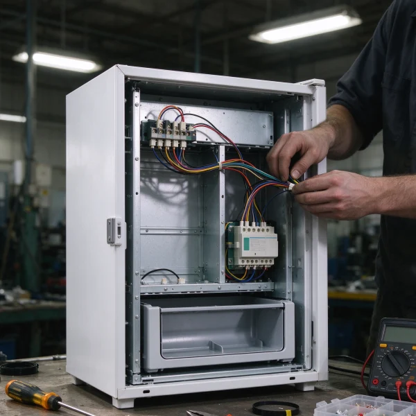 A workbench with an open vending machine cabinet, wires and tools during assembly