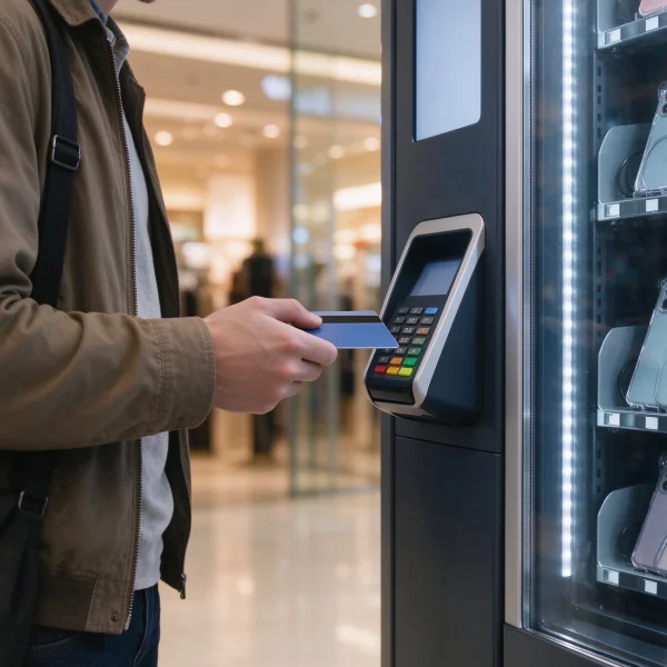 A customer making a card payment at a vending machine in a mall