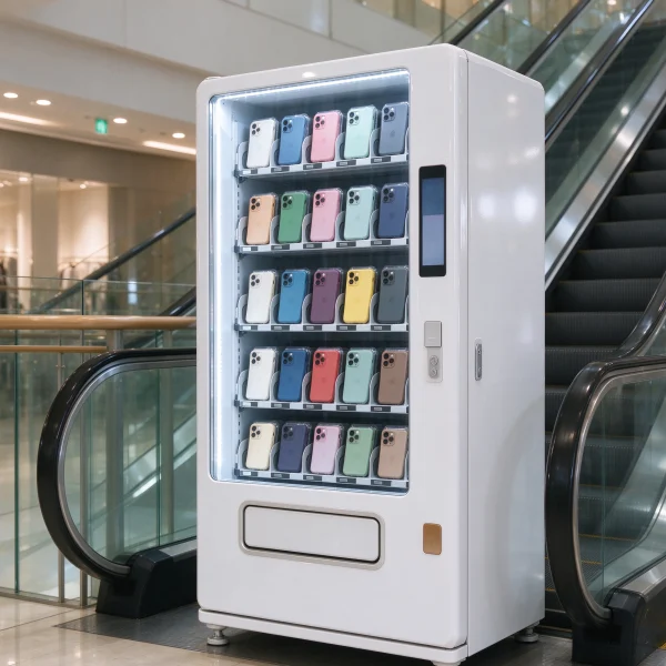 Polished white phone case vending machine near a mall escalator