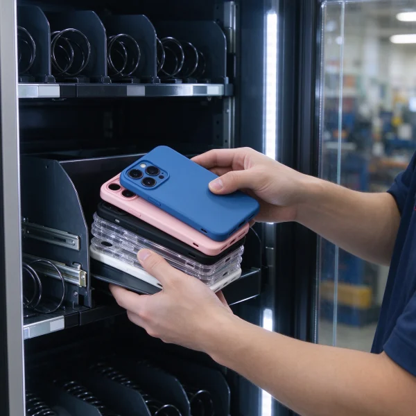 A person loading phone cases into a vending machine shelf