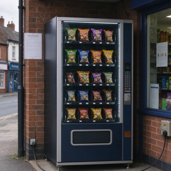 A vending machine outside a small shop with a power cable and permit sign