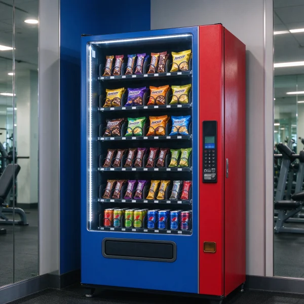 A colourful snack vending machine in a gym corridor