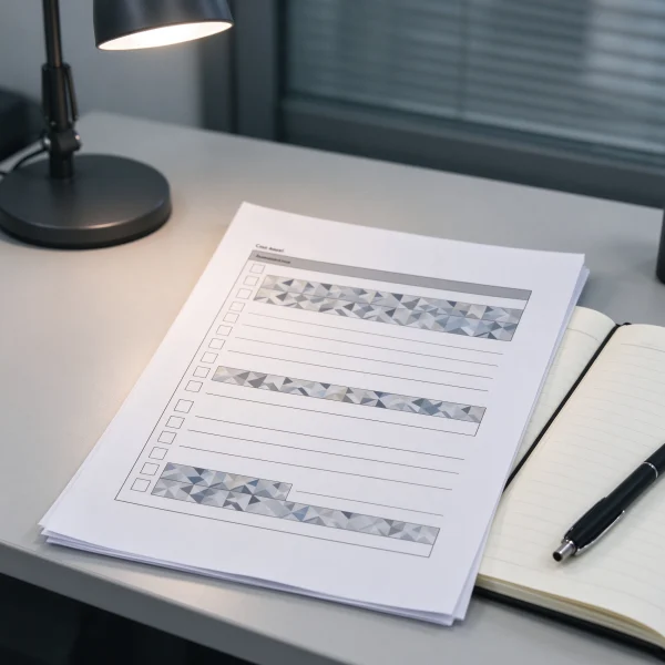 A printed site audit checklist next to a notebook
