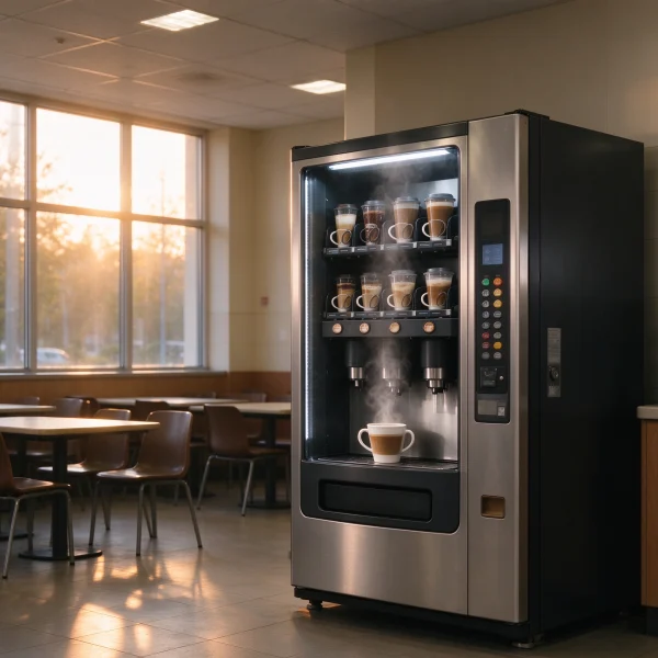 A coffee vending machine in a staff canteen at 7am
