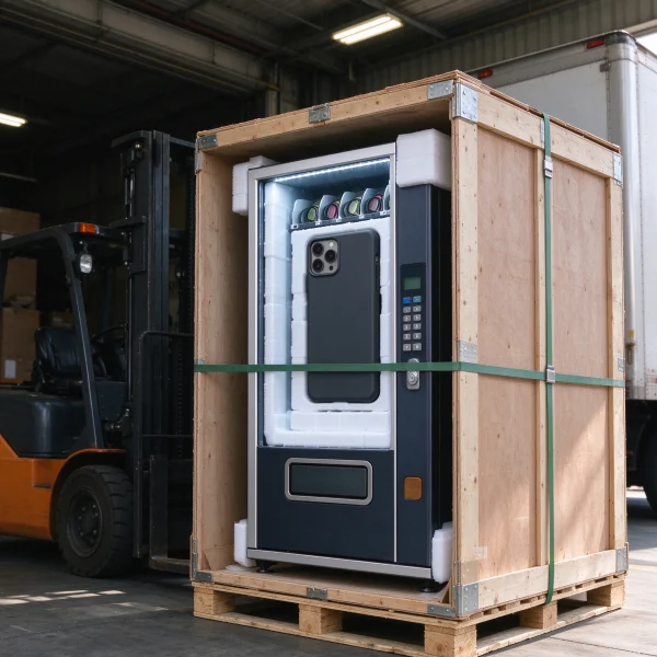 A shipping crate with a vending machine being loaded onto a truck