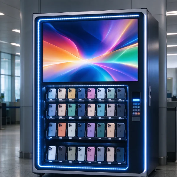 A phone case vending machine with a large screen and LED lighting
