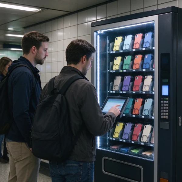 Customers waiting in line at a phone case vending machine in a metro station