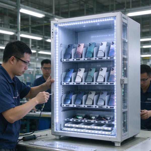 Workers assembling a phone case vending machine in a factory