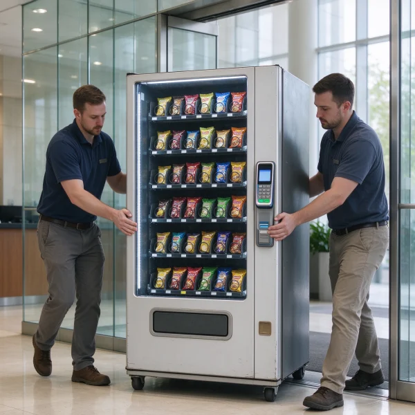 A refurbished snack vending machine with a card reader being moved into a bright office lobby
