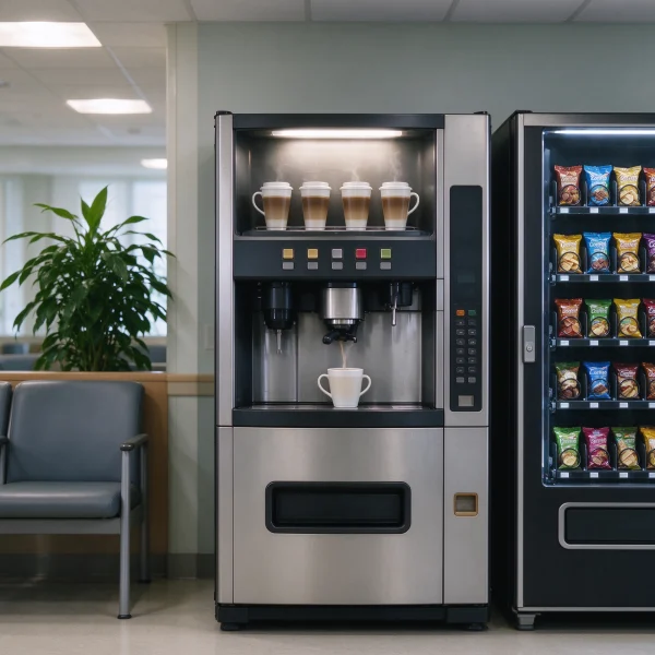 A coffee vending machine in a hospital waiting area next to a snack vending machine