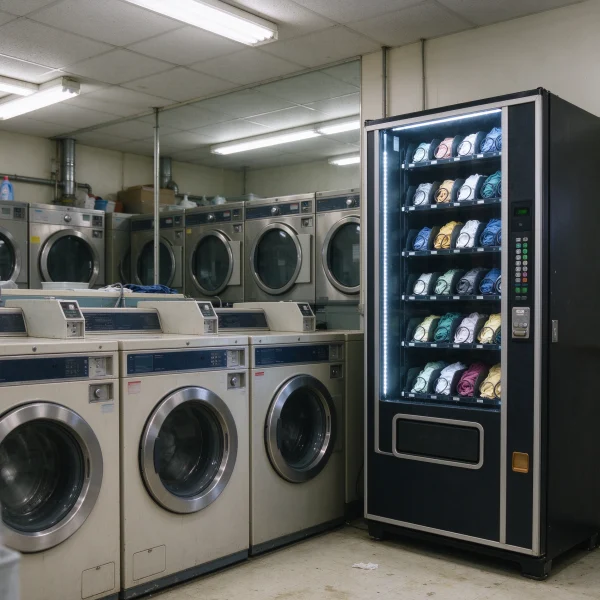A vending machine in the corner of a busy laundromat beside rows of washing machines