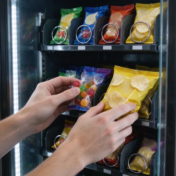 Hands placing candy and chip bags onto shelves inside an open vending machine