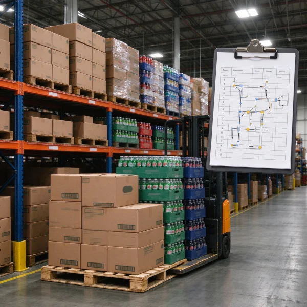 A warehouse shelf stacked with snack boxes and drink cases beside a clipboard route schedule