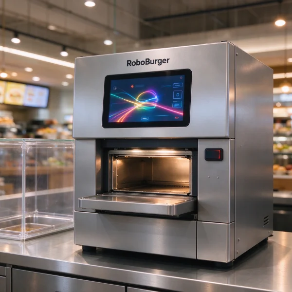 RoboBurger machine with glowing touchscreen in a mall