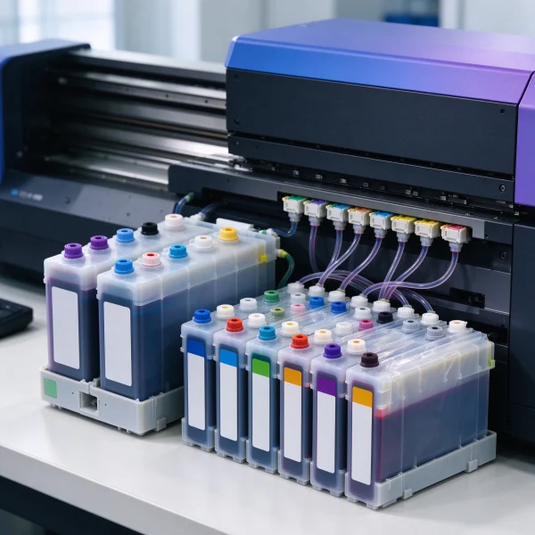 UV ink cartridges beside a phone case printer