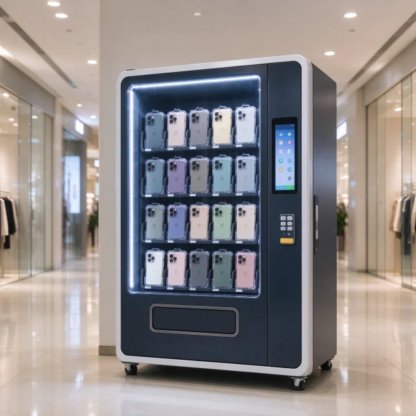Bright mall kiosk with phone case vending machine
