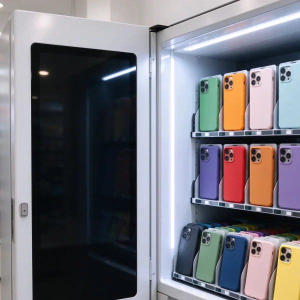 Touchscreen vending kiosk with colorful phone case designs