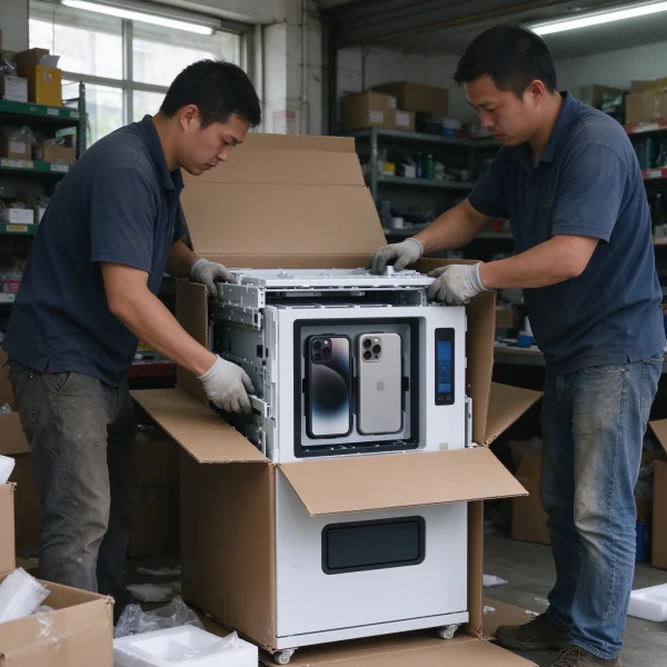 Workers unboxing a new phone case vending machine