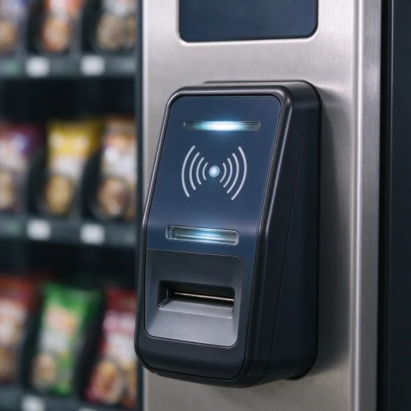 Close-up of a cashless reader and card terminal on a vending machine