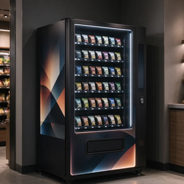 A matte black custom vending machine with a printed front panel and LED accents