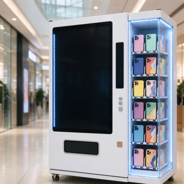 A phone case printing vending machine with a large screen and colorful cases