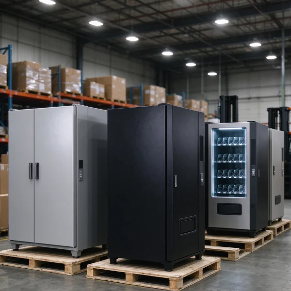 A warehouse with custom vending machines on pallets waiting for shipping