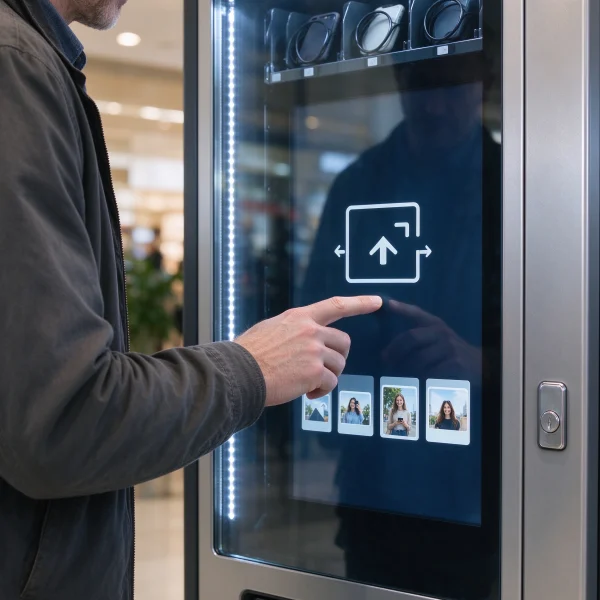 A person tapping a touchscreen on a phone case vending machine with photo upload options