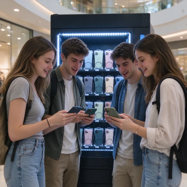 Four friends gathered around a bright phone case kiosk in a mall
