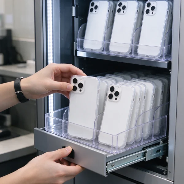 A person loading blank phone cases into a vending machine drawer