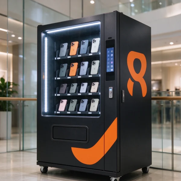 A custom branded phone case kiosk with a matte black finish and orange logo