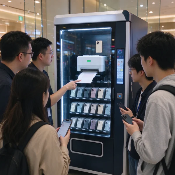 A small crowd watching a phone case printing kiosk with a glass front