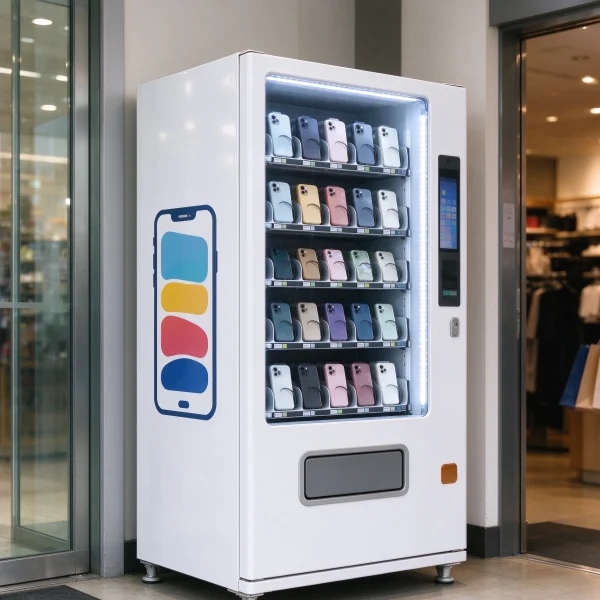 A clean white vending kiosk with a phone case graphic near a store entrance
