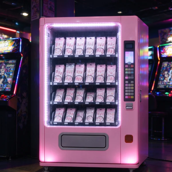A glowing pink nail sticker vending machine in a Shibuya arcade at night