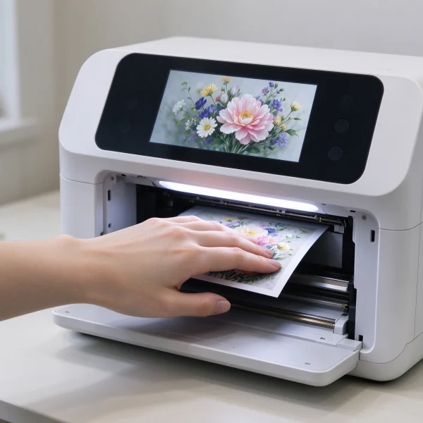 Hand placed inside a compact nail printing machine with a screen showing flower patterns