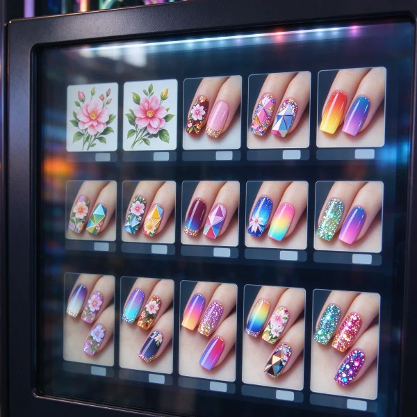 A touchscreen showing rows of colorful nail design options on a vending machine