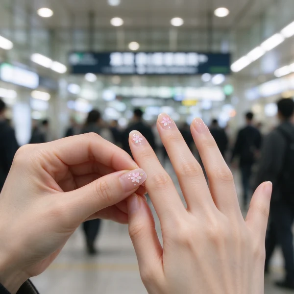 A person pressing a nail sticker onto a clean fingertip near a Tokyo station