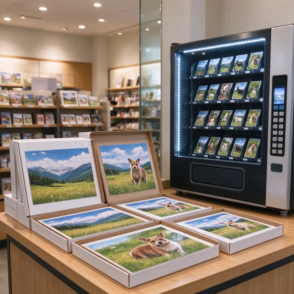 Completed photo puzzles in open boxes sitting on a counter next to a vending machine