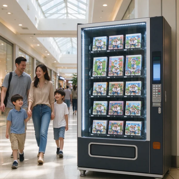 Photo puzzle vending machine placed in a bright mall hallway with families walking past